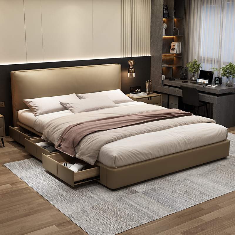 意式极简高箱真皮床现代简约豆腐块小户型齐边双人床主卧储物婚床