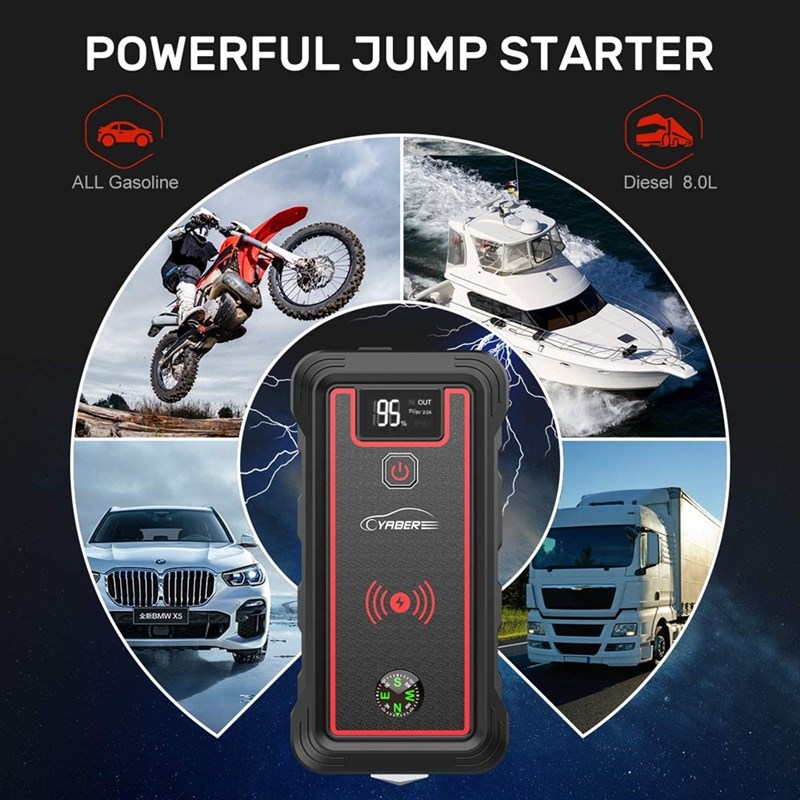 YABER 10W wireless charge Car Jump Starter 2500A 23800mAh Ca