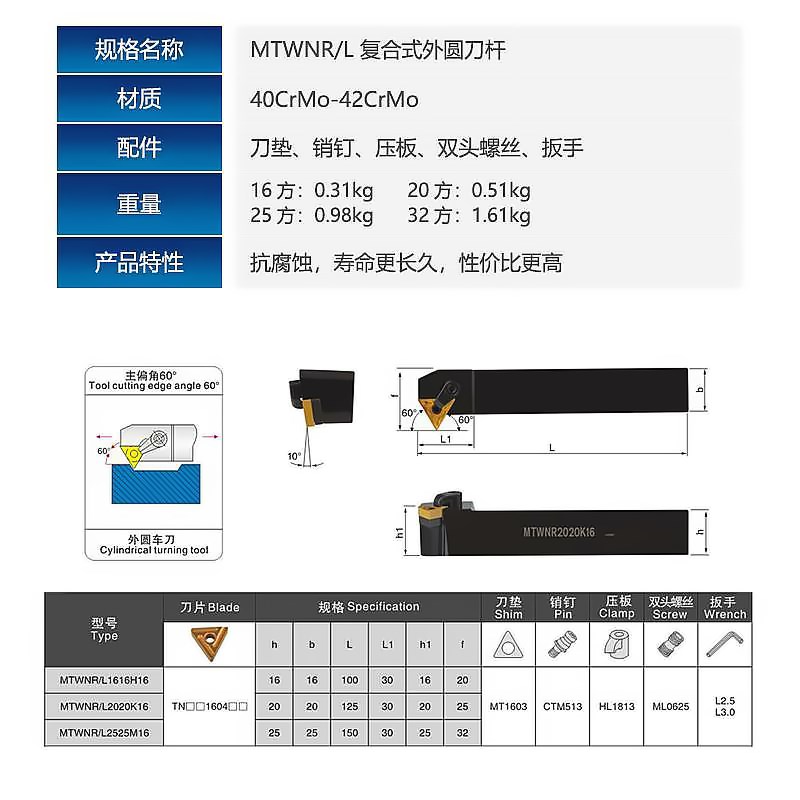 外圆60度数控刀杆排刀刀架 MTWNR1616H16 MTWNL2020K16 2525M刀柄