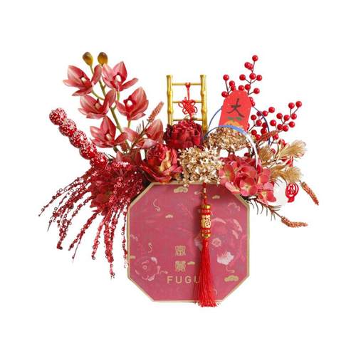 新中式年宵花摆花婚庆花艺摆件八角盒福桶插花装饰假花仿真花摆设