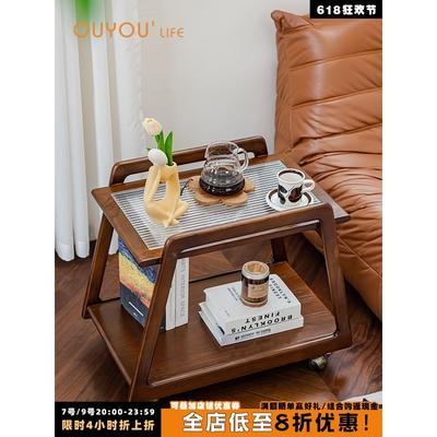 欧又北欧复古小推车茶几简约家用双层收纳餐车小户型实木置物边几