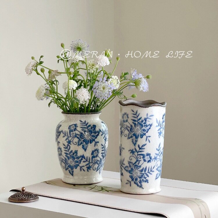 复古新中式冰裂青花瓷花瓶客厅餐桌玄关装饰品插花陶瓷花器感