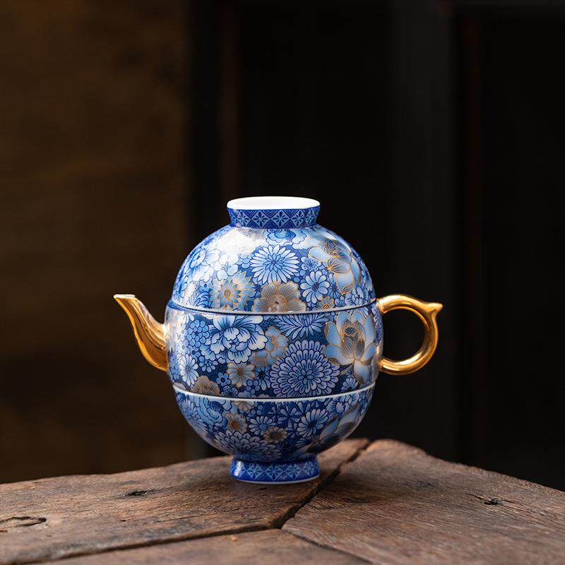在瓷青花一壶两杯户外旅行茶具套装便携式包茶壶茶杯一人用快客杯