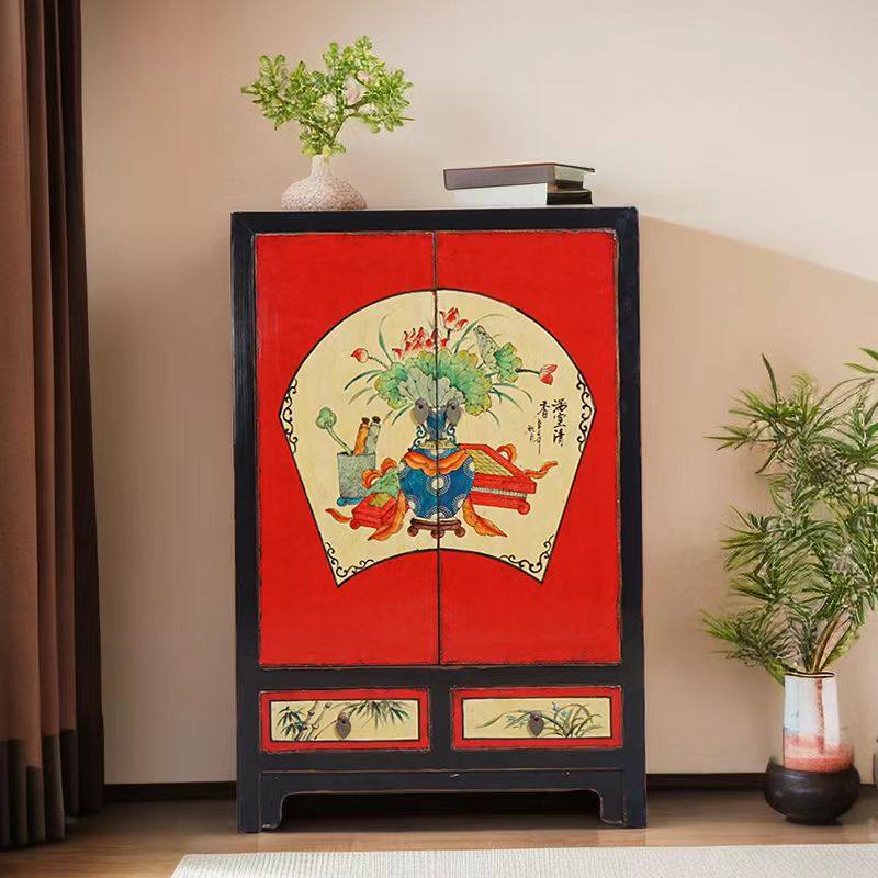 新中式手绘红黑榆木玄关餐边柜