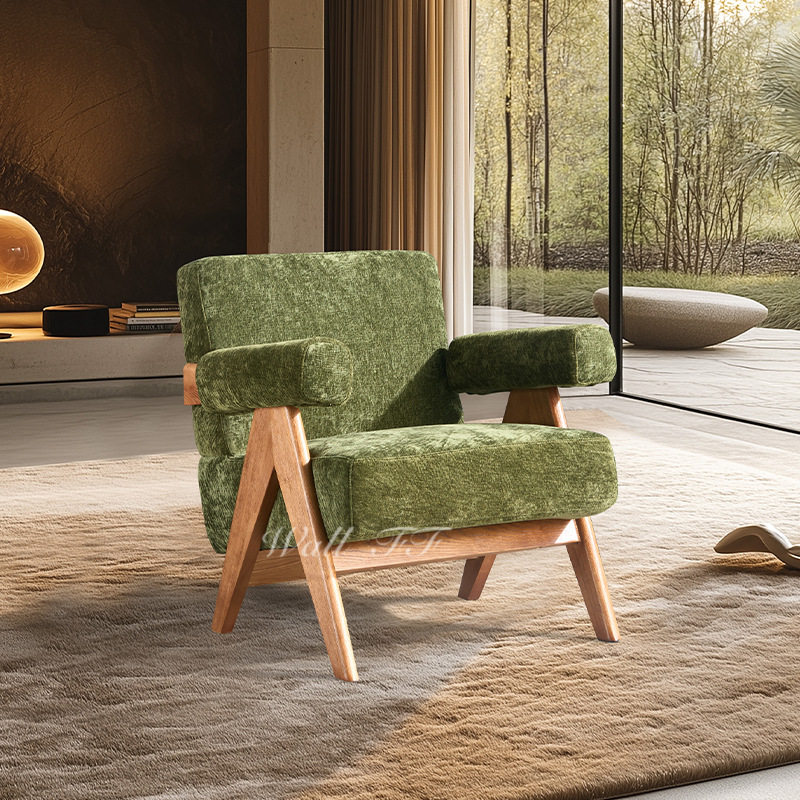 中古风实木扶手懒人休闲椅简约客厅单人椅网红轻奢靠背布艺沙发椅