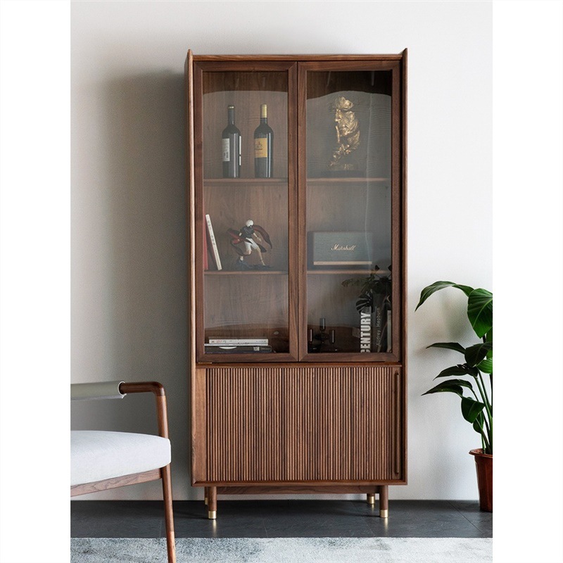 北美黑胡桃木全实木书柜储物柜带玻璃门储物柜展示柜书架置物斗柜