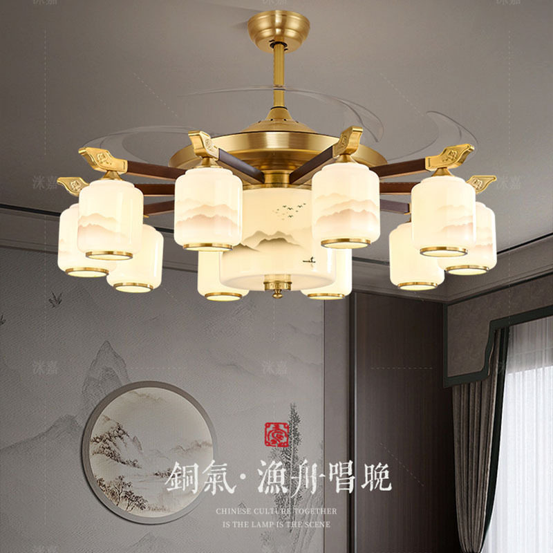 高档新中式客厅风扇灯铜加木别墅餐厅吊扇灯主卧室吊灯2024年新款