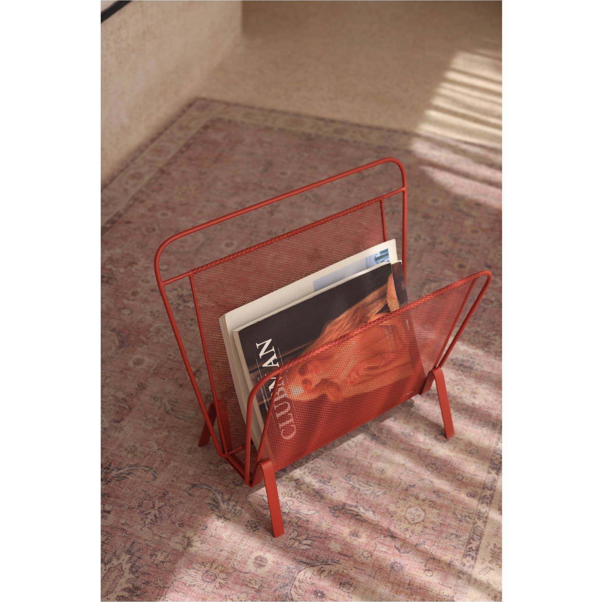 红色金属网面书报架杂志架可移动中古复刻复古简约