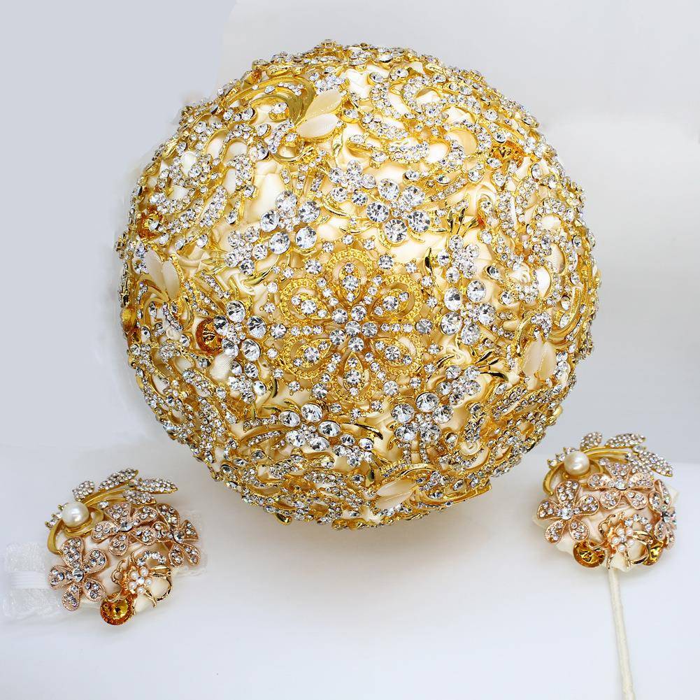 满钻新娘手捧花套装金色水钻婚礼捧花胸花手腕花组合套装W888G-T