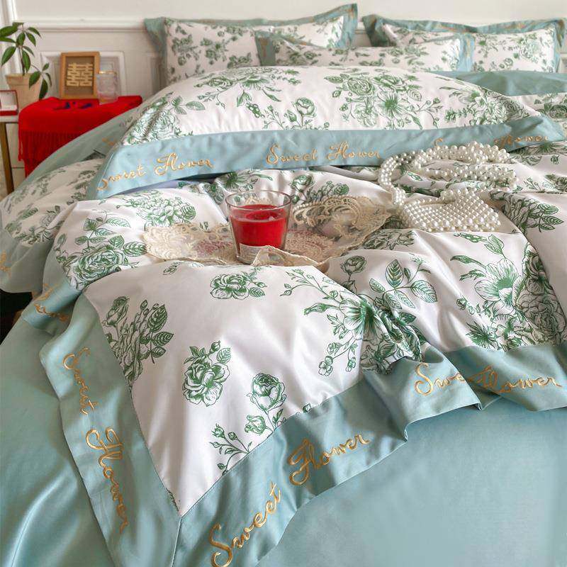 1VPR简约婚庆红色四件套田园碎花纯棉床单冰丝被套结婚嫁床上用品