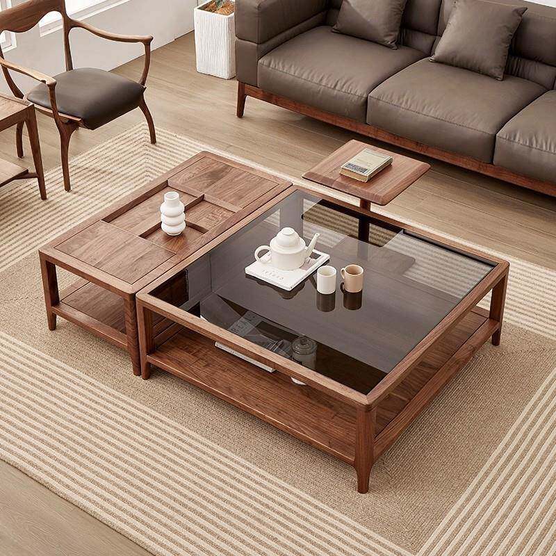 北美黑胡桃木茶几客厅家用现代简约小户型全实木组合茶桌沙发边几