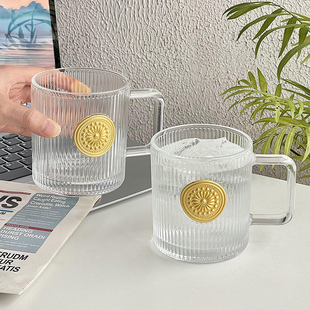 速发复古太花玻感杯设计璃小众高颜值带把竖水纹咖啡杯马克杯条杯