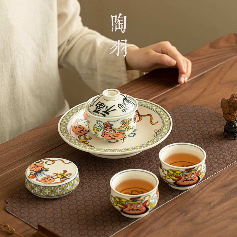 速发福禄寿喜财三才盖碗一壶两杯功夫茶具套装家用中式泡茶壶茶杯