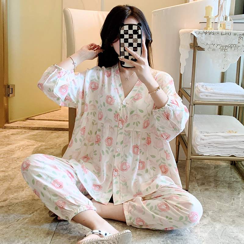 速发棉绸睡套春秋款高级感外居服甜美学生开衫衣装夏季可家穿