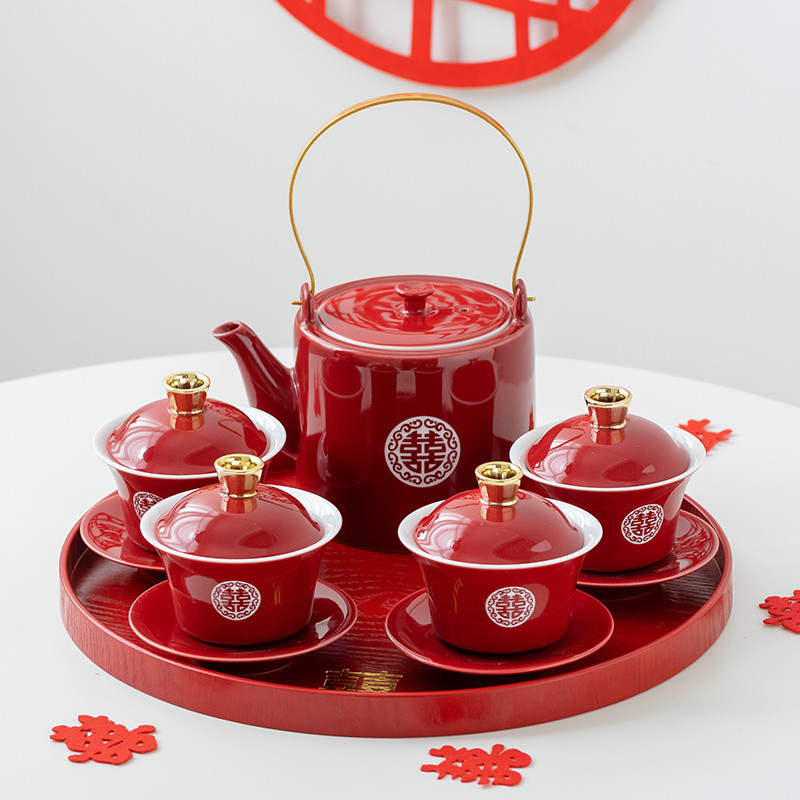速发结婚敬茶杯一盖新中方新娘改口敬茶碗陶瓷婚式红色对碗两对喜