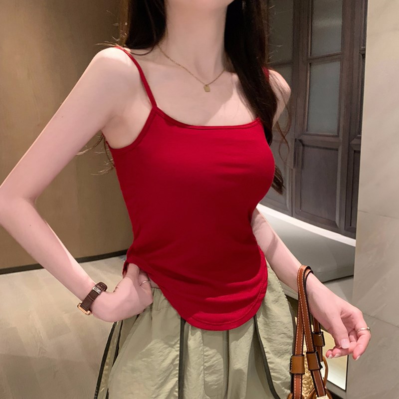 速发红色小一带背心夏季外穿带胸搭美背文胸吊体内垫不规则瑜伽上