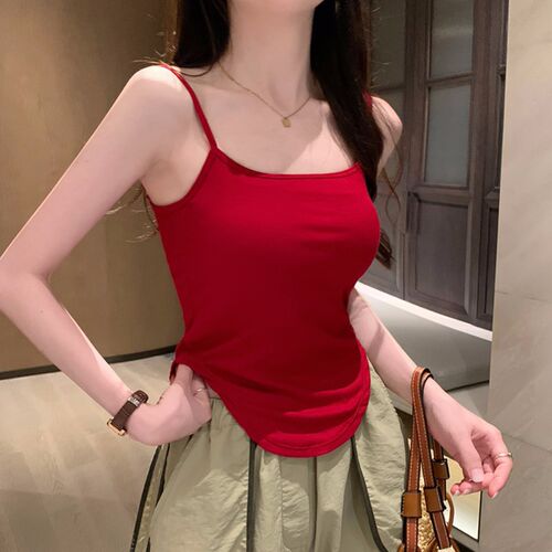 速发红色小一带背心夏季外穿带胸搭美背文胸吊体内垫不规则瑜伽上