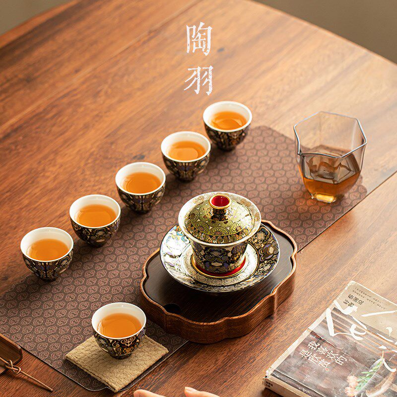 速发陈德生手作唐卡陶瓷手工三才盖碗茶具套装金银错盖碗送礼复古