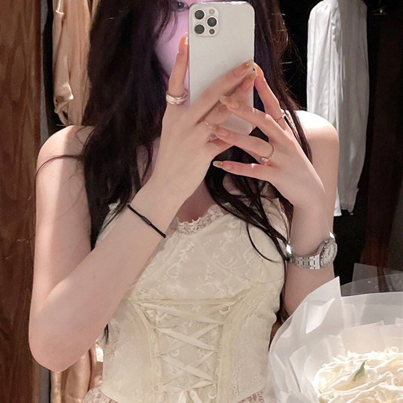 速发性感甜辣鱼骨法式打底带欲蕾丝衣上小吊带背心内搭纯胸垫设计