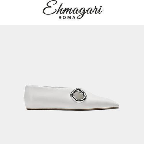 EHMAGARI Azzu 意大利设计师款白色单鞋女极简真皮波纹扣饰僧侣鞋