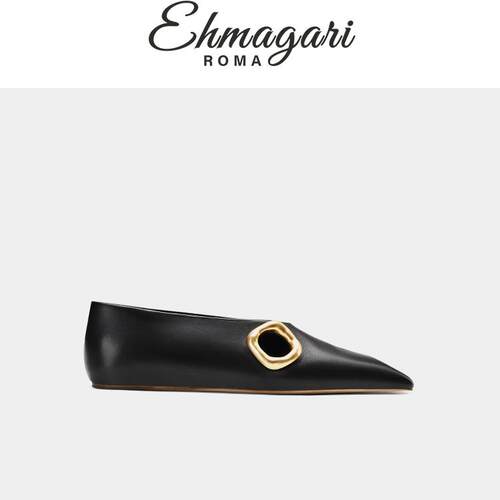 EHMAGARI Azzu 意大利设计师款黑色单鞋女极简真皮波纹扣饰僧侣鞋