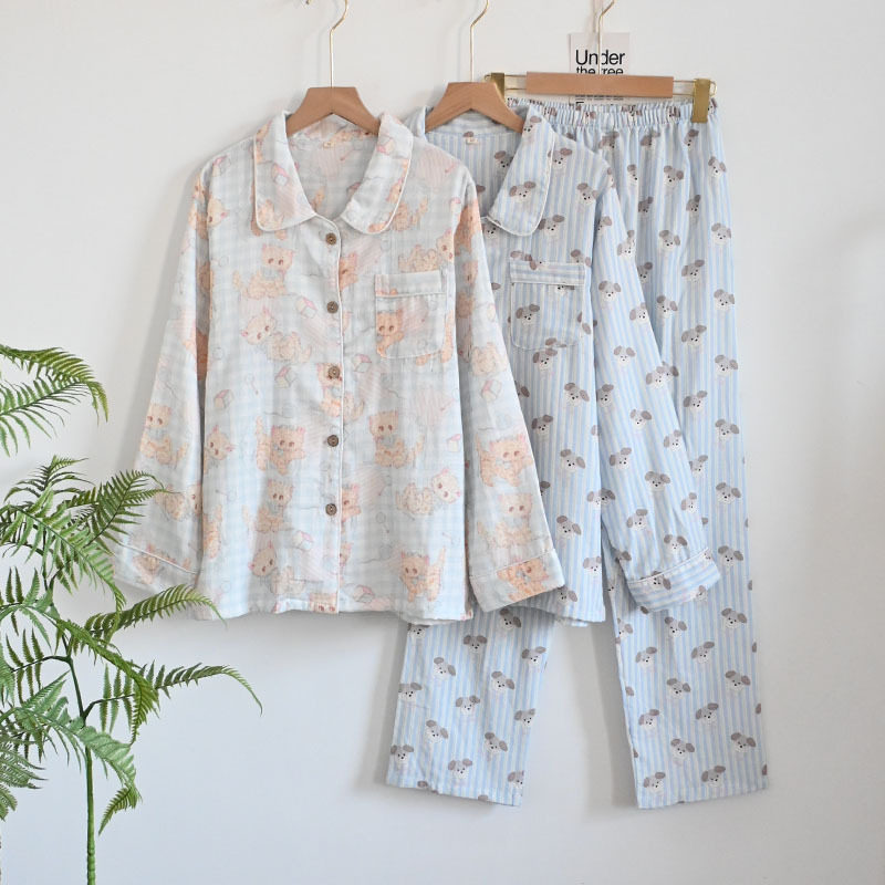 狗饺睡衣100%A类纯棉双层棉睡衣/家居服套装