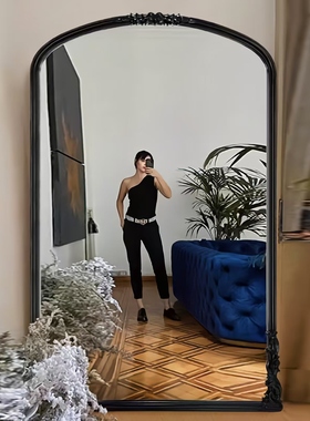 欧式复古全身落地镜中古家用靠墙壁挂黑色穿衣镜美式衣帽间大镜子
