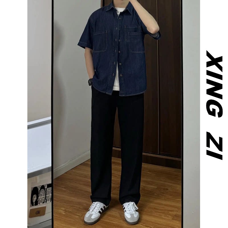 日系复古工装牛仔短袖衬衫男