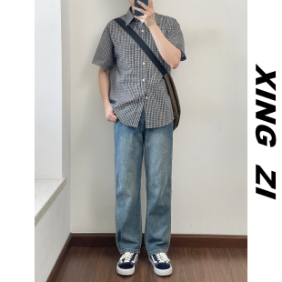 秋季直筒牛仔裤男款美式复古宽松休闲百搭潮流蓝色九分裤显高时尚