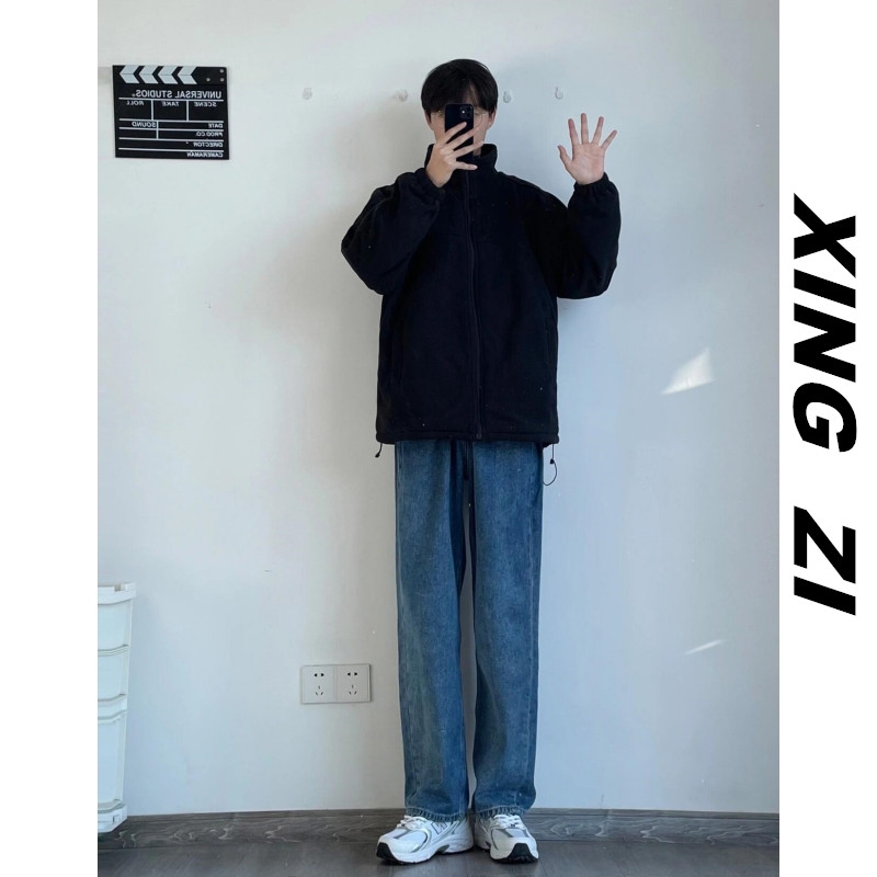 美式深色牛仔裤男款潮流高街冬季复古水洗直筒宽松显高休闲长裤子