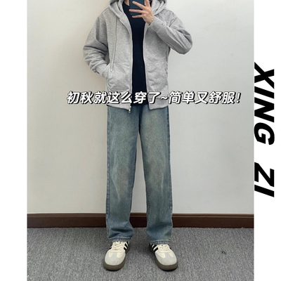 秋冬季港风复古牛仔裤男款直筒宽松休闲潮流百搭小个子显高长裤子