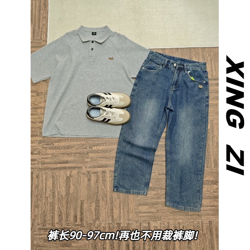 夏季港风复古九分直筒牛仔裤男