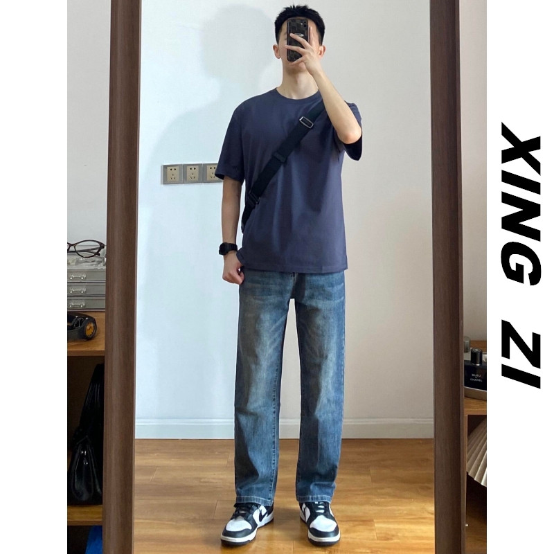 夏季男港风复古直筒宽松牛仔裤