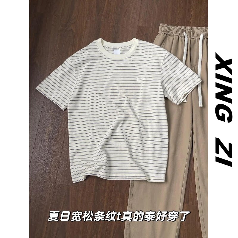 夏季男士条纹宽松短袖T恤百搭