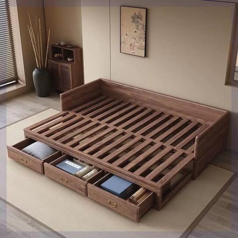 新中式胡桃木实木罗汉床推拉