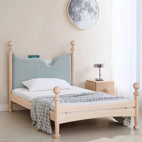 北美硬枫木实木儿童床樱桃木男孩女孩简约奶油风白橡木鱼尾卧室床