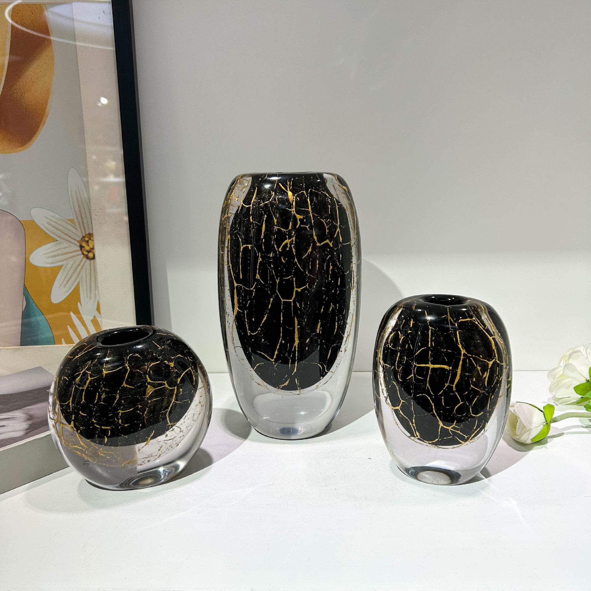 现代轻奢高级感黑色金箔手工琉璃花瓶家居样板间酒店插花装饰摆件