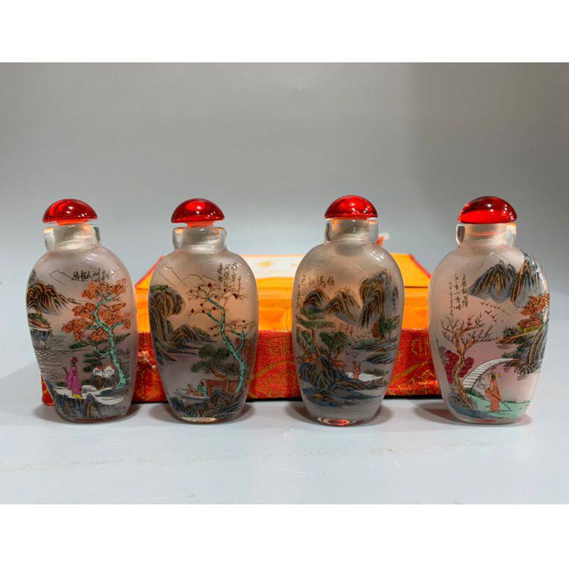 古玩收藏工艺品仿古老旧琉璃鼻烟壶山水美女花鸟人物图案一套