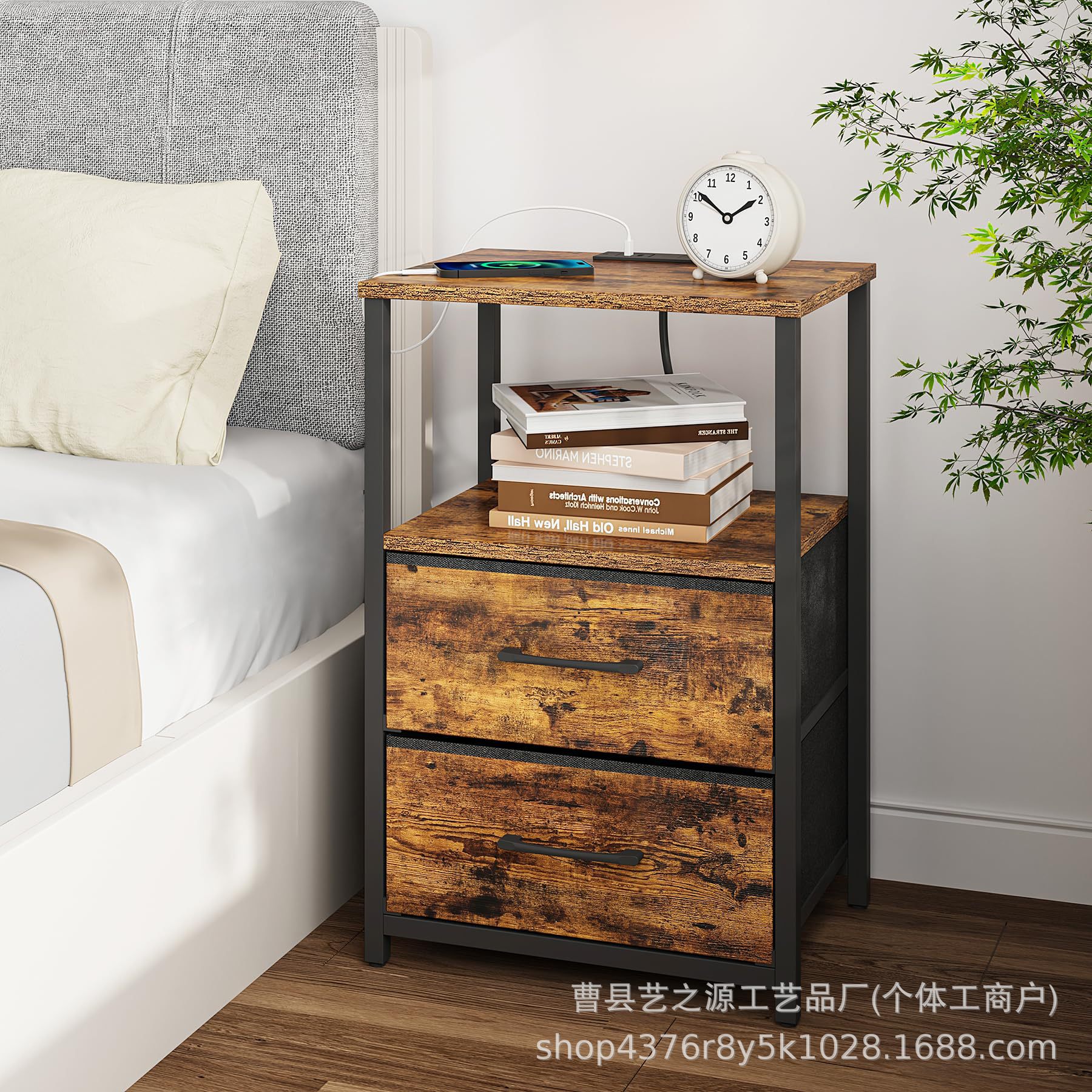 床头收纳柜抽屉式卧室储物柜铁木结合家用沙发边桌布抽屉床头柜