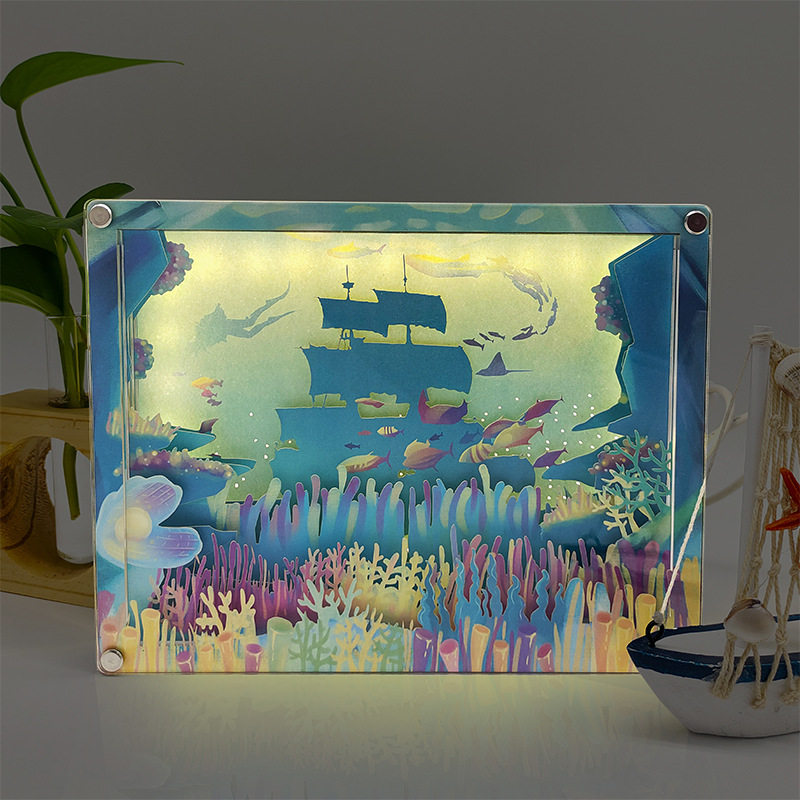 3d光影纸雕灯海洋世界卧室led床头灯创意礼物摆件立体小夜灯定制
