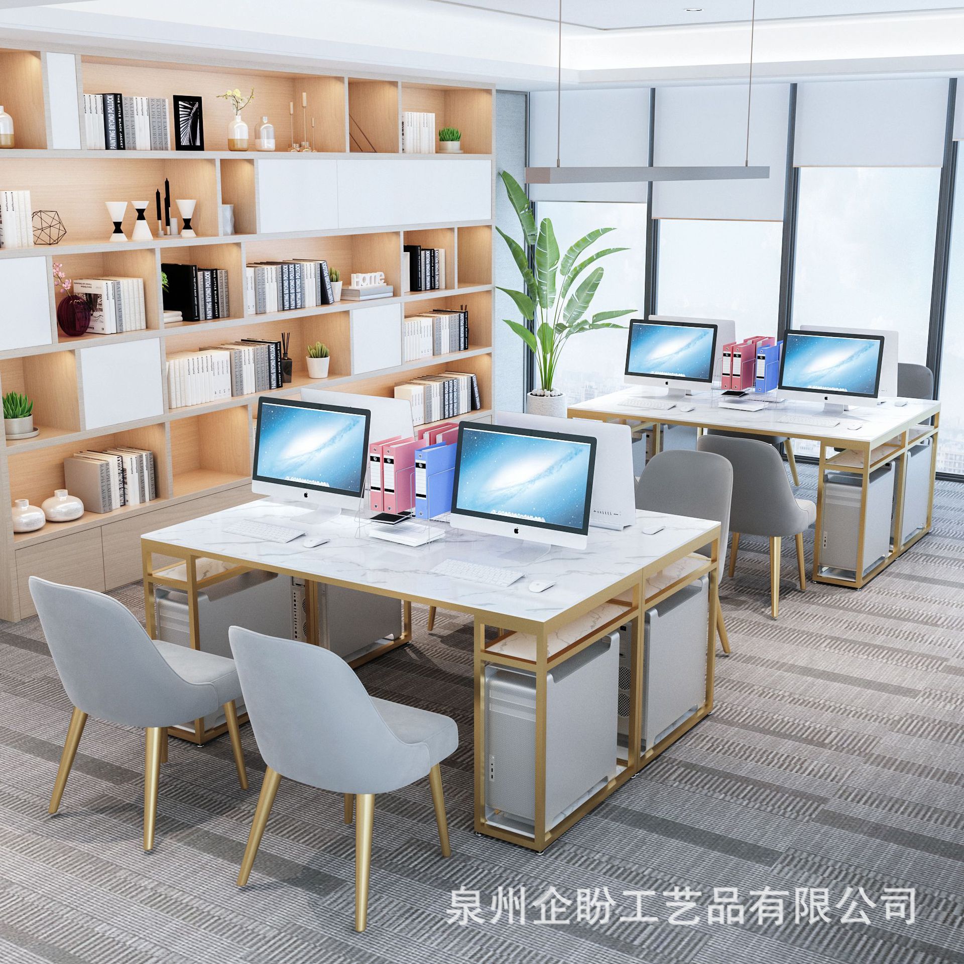 北欧大理石台式电脑桌椅组合职员单双人办公桌书房工作台多功能