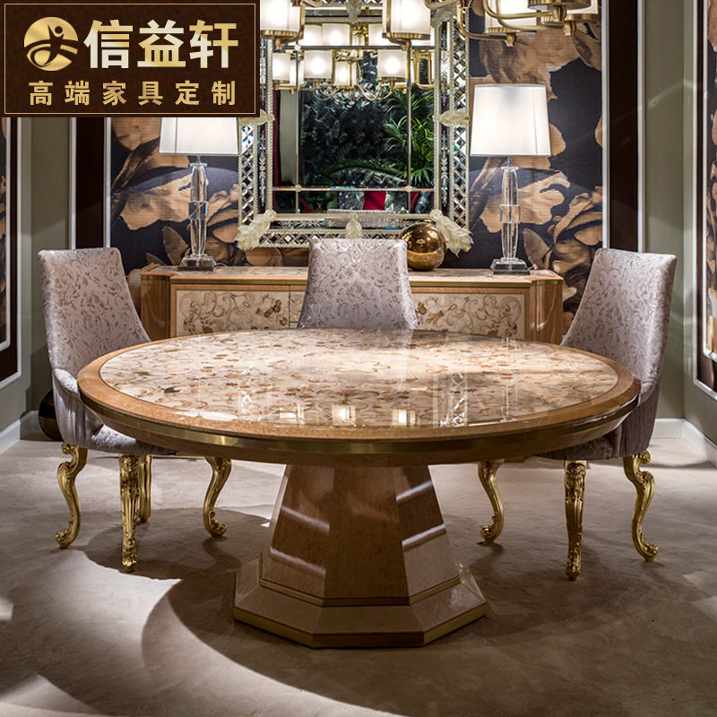 欧式贴贝壳餐桌椅组合圆桌全实木雕花大户型家用饭桌别墅家具
