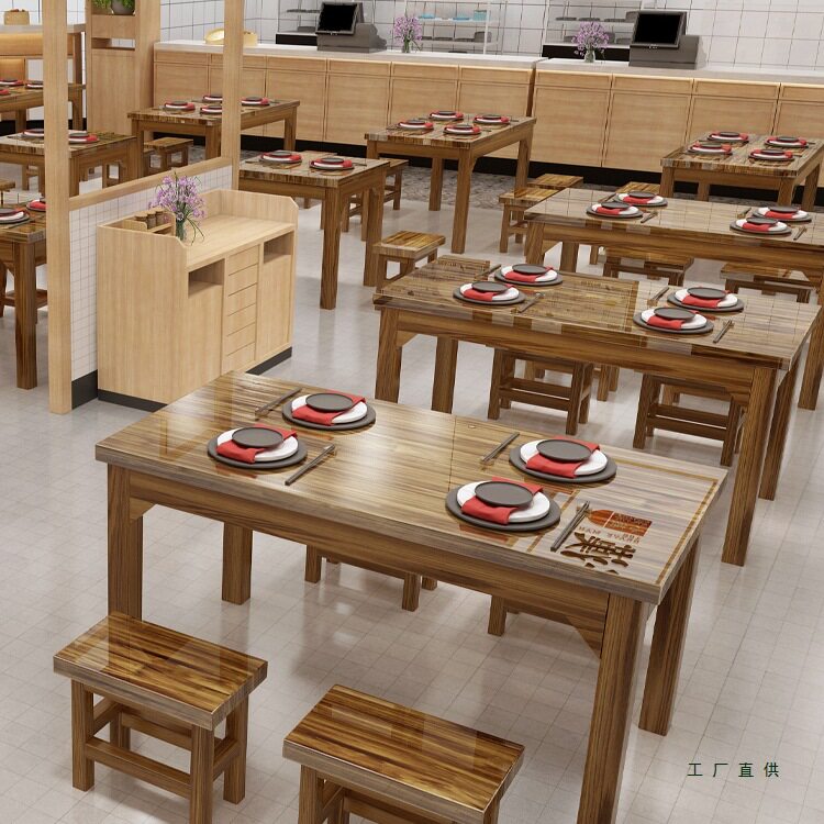 实木饭店桌椅餐桌面馆小吃店桌快餐桌椅组合餐馆食堂直销碳化餐桌