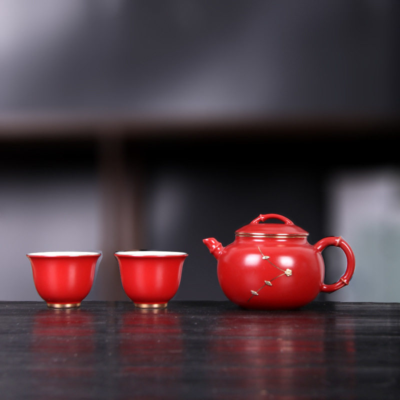 京韵红汝窑李辉熠锔钉竹节壶一壶两杯中式复古汝瓷纯色红茶具套装