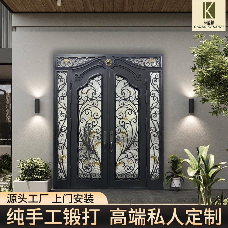 铁艺入户门自建房四开玻璃进户门别墅大门手工锻打密码门防盗门