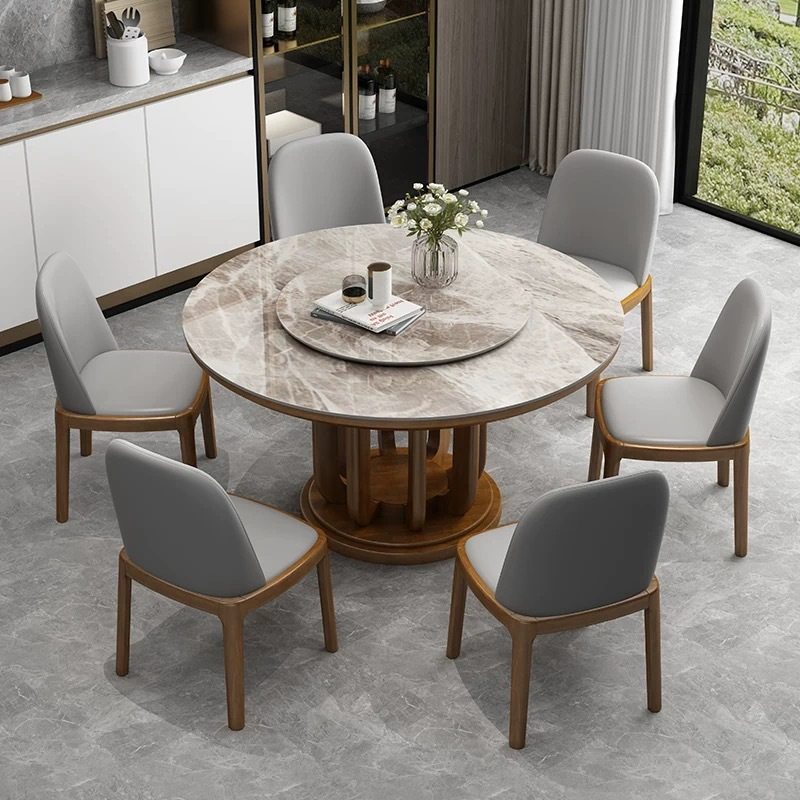 实木岩板餐桌椅组合圆形家用圆桌带转盘简约酒店餐厅大圆桌子极简