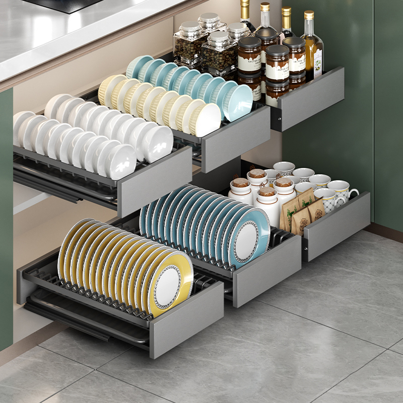 碗碟收纳层架整体橱柜抽拉碗架拉篮抽屉式厨房置物架沥水碗盘盘子