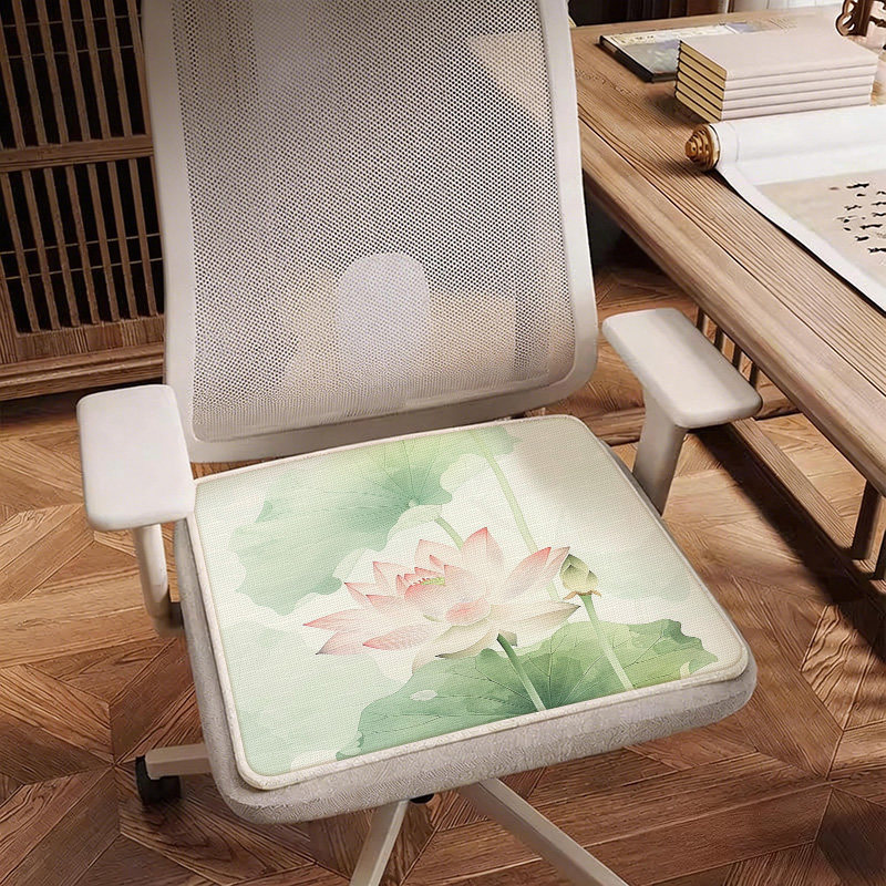 新中式荷花夏季冰丝坐垫椅子垫电脑椅椅垫办公椅餐椅凉感凉席座垫