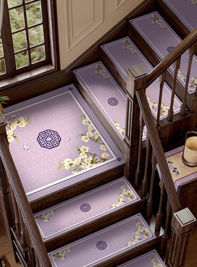 新中式防滑防摔楼梯踏步垫防水易打理木楼梯垫子皮革加厚紫色地垫