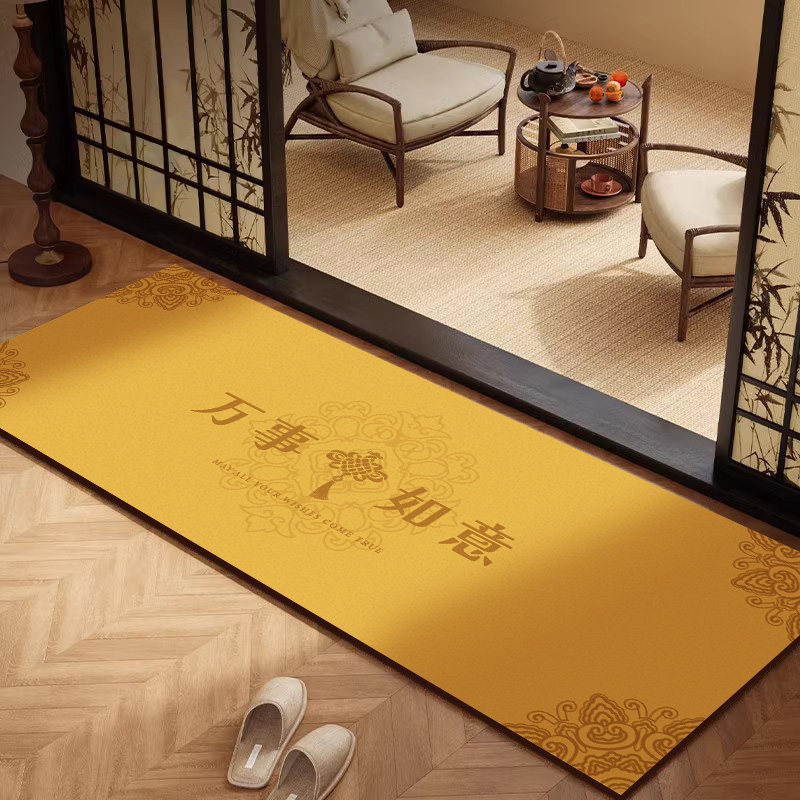 新中式金色入户门地垫莲花进门门垫窄长条厨房脚垫茶室入门口地毯